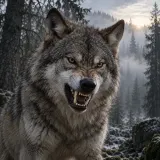 Gray wolf snarling in a misty forest
