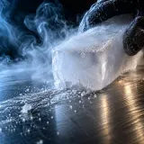 Frosty dry ice scraping a steel surface in a cloud of vapor
