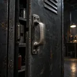 Worn steel cabinet door with a rattling handle